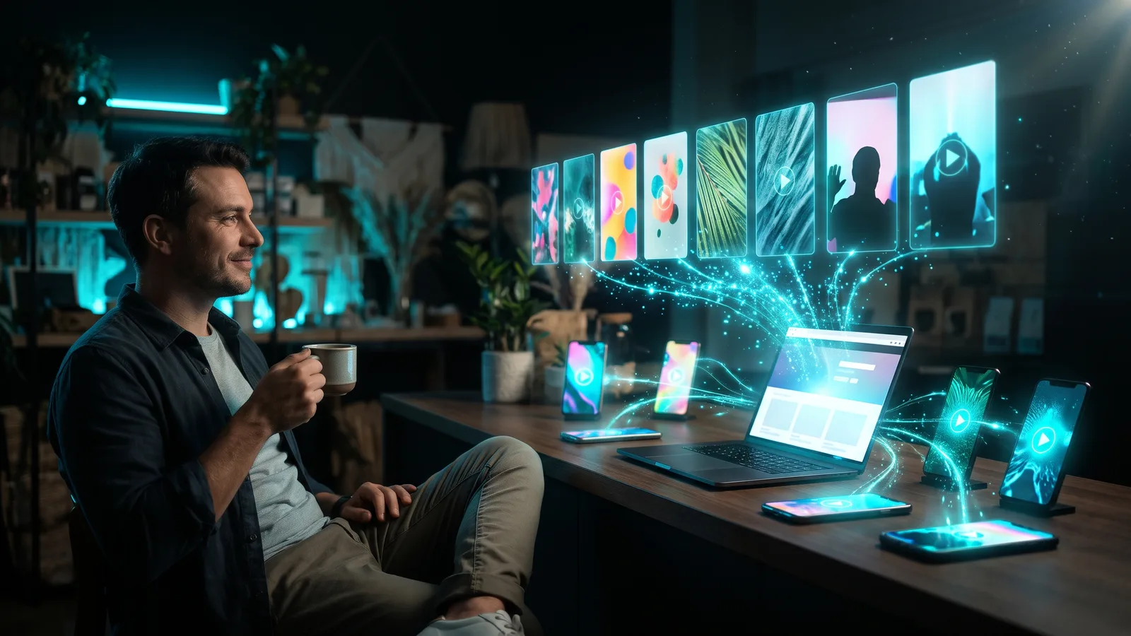 Small business owner watching an AI marketer turn their website into short marketing videos