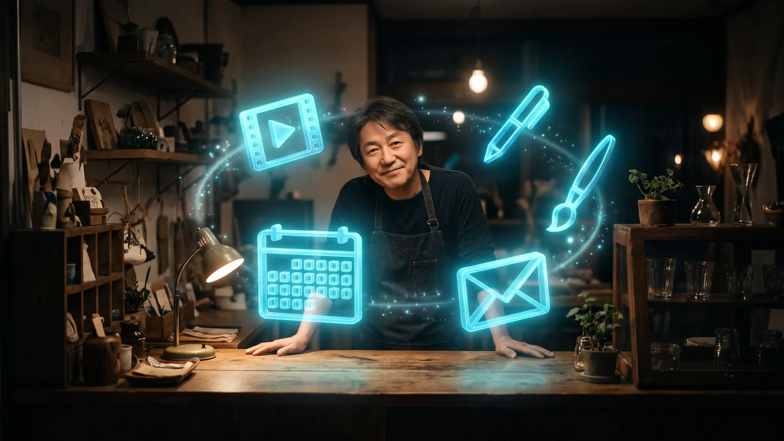 A small business owner surrounded by floating AI marketing tool icons