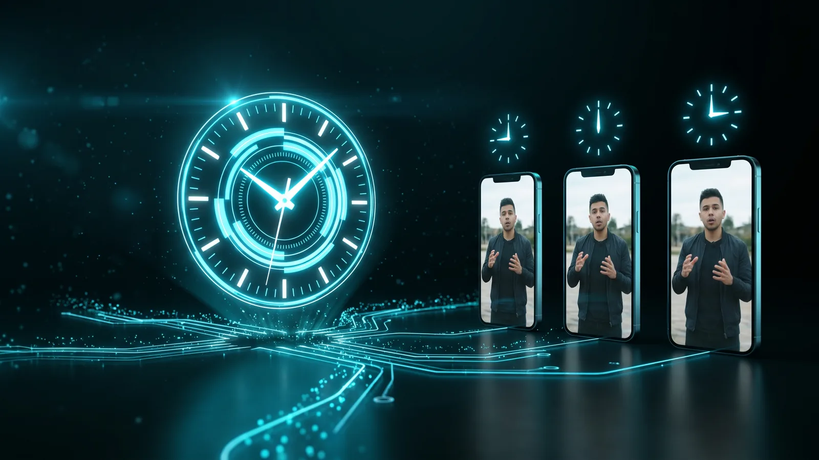 A glowing clock sending scheduled videos to three phones