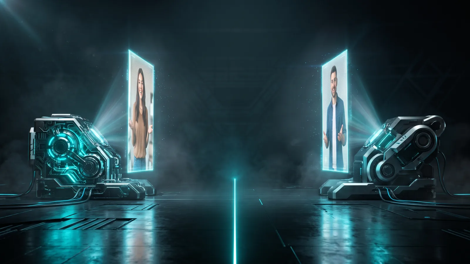 Two AI ad-making machines facing off, each projecting a video ad