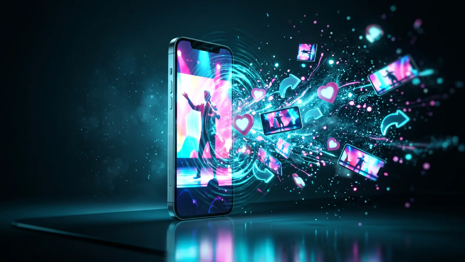 A phone video spreading outward in a chain reaction of shares and likes