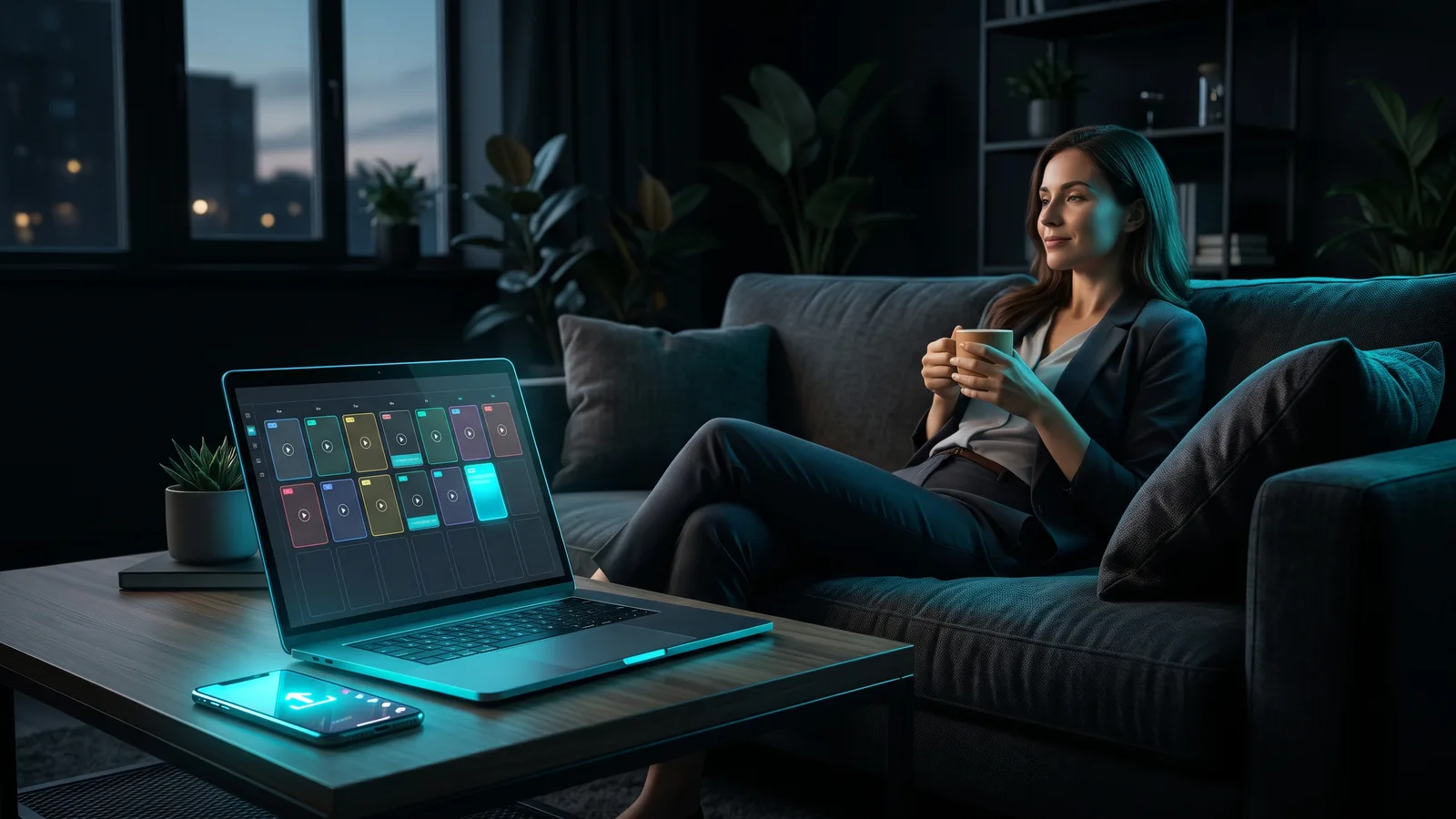 Business owner relaxing as a laptop calendar of short videos posts every day on social media automatically
