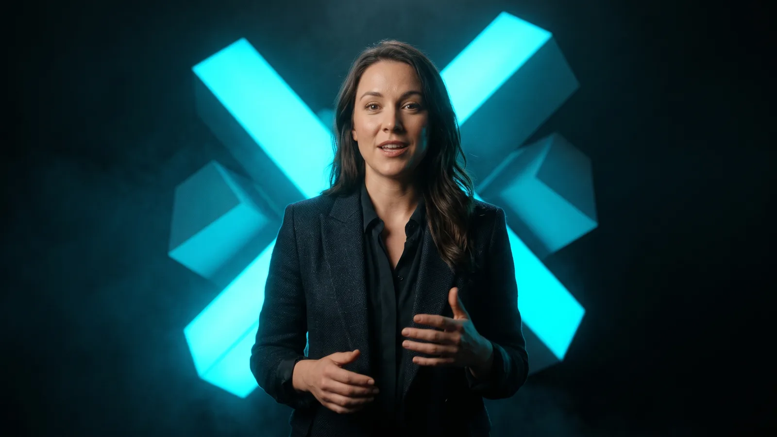 A speaker standing in front of large glowing graphics layered behind her