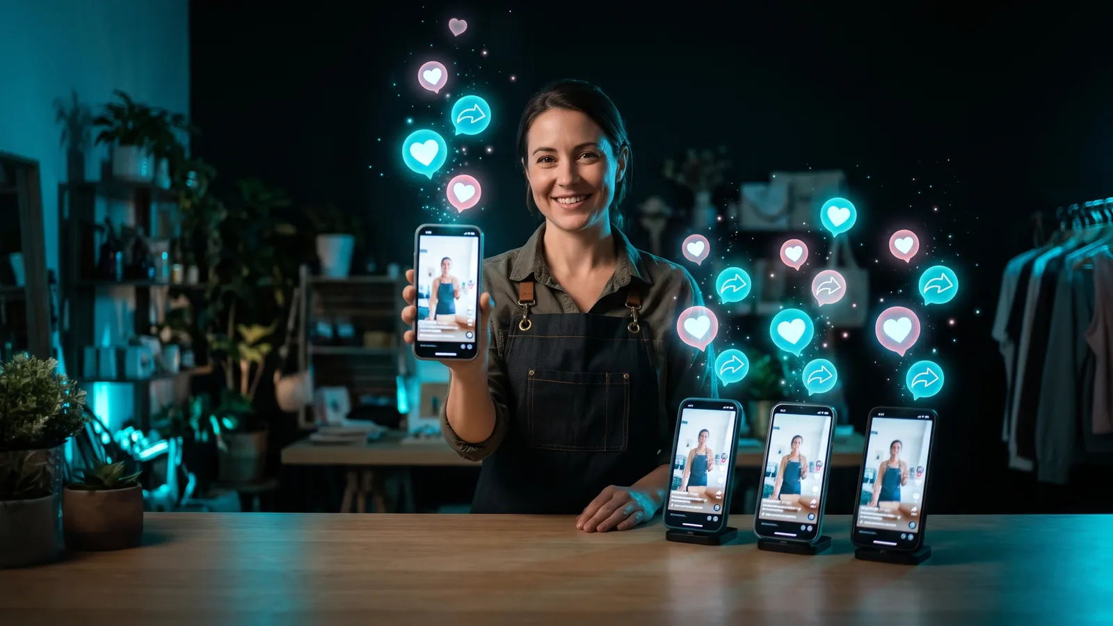 Business owner sharing one vertical video across three phones, comparing TikTok vs Reels vs Shorts