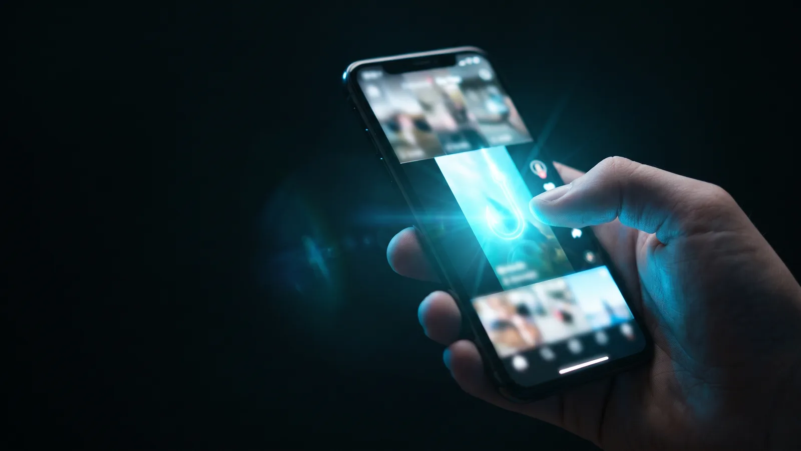 A thumb stopping mid-scroll on one eye-catching video in a feed