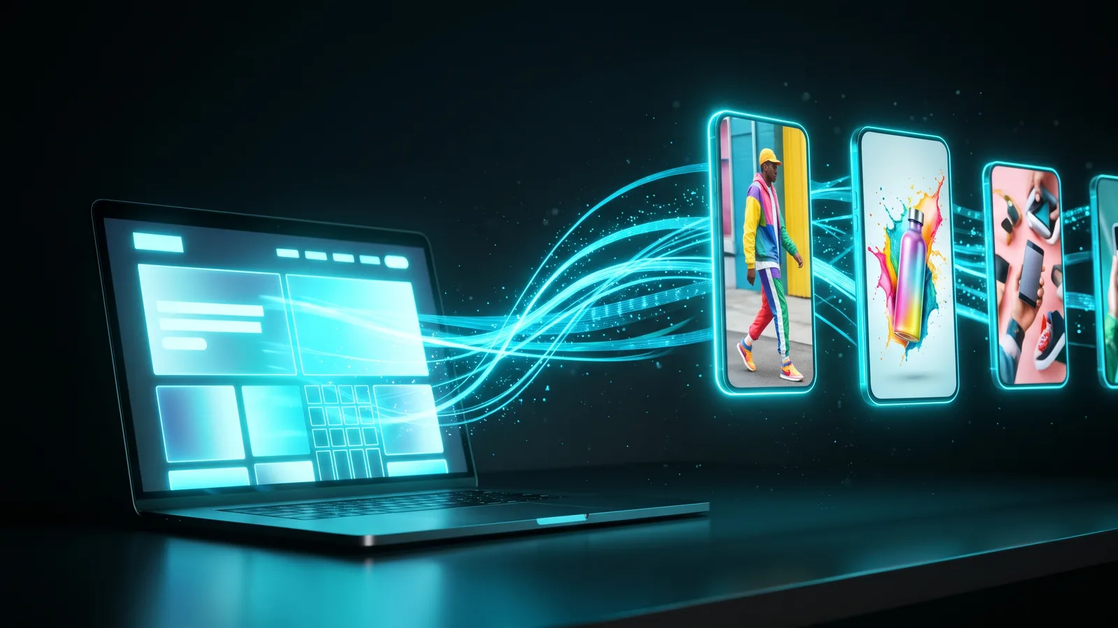 A website on a laptop turning into a row of vertical marketing videos